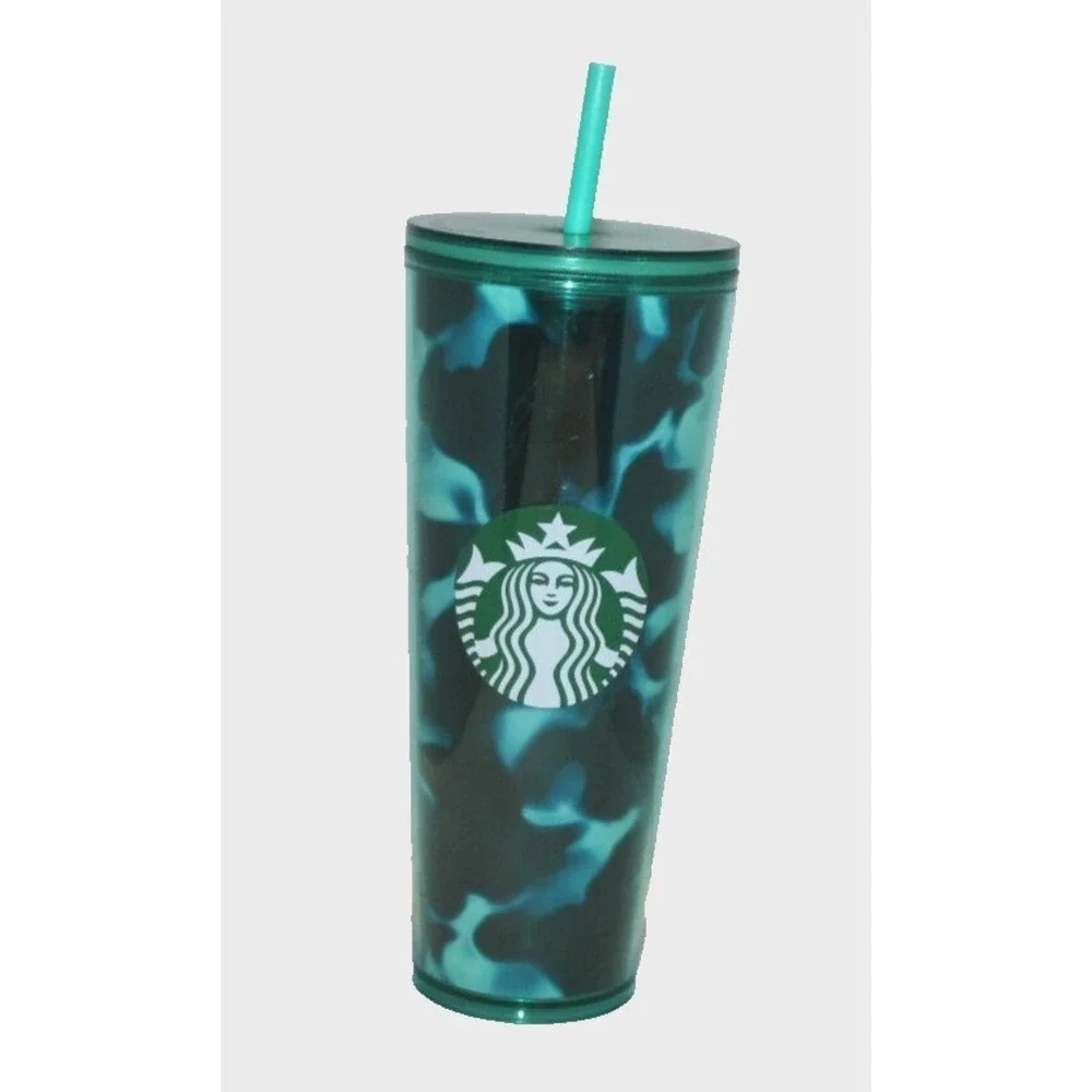 Starbucks 24 fl oz blue green Venti cold tumbler travel cup with lid & straw